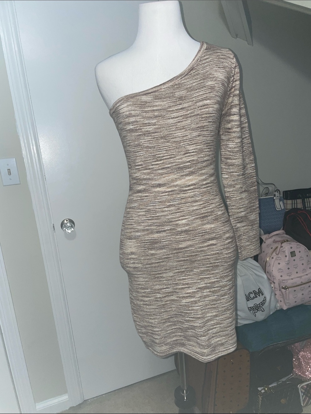 Vintage BeBe One-Shoulder Beige Marled Knit Dress